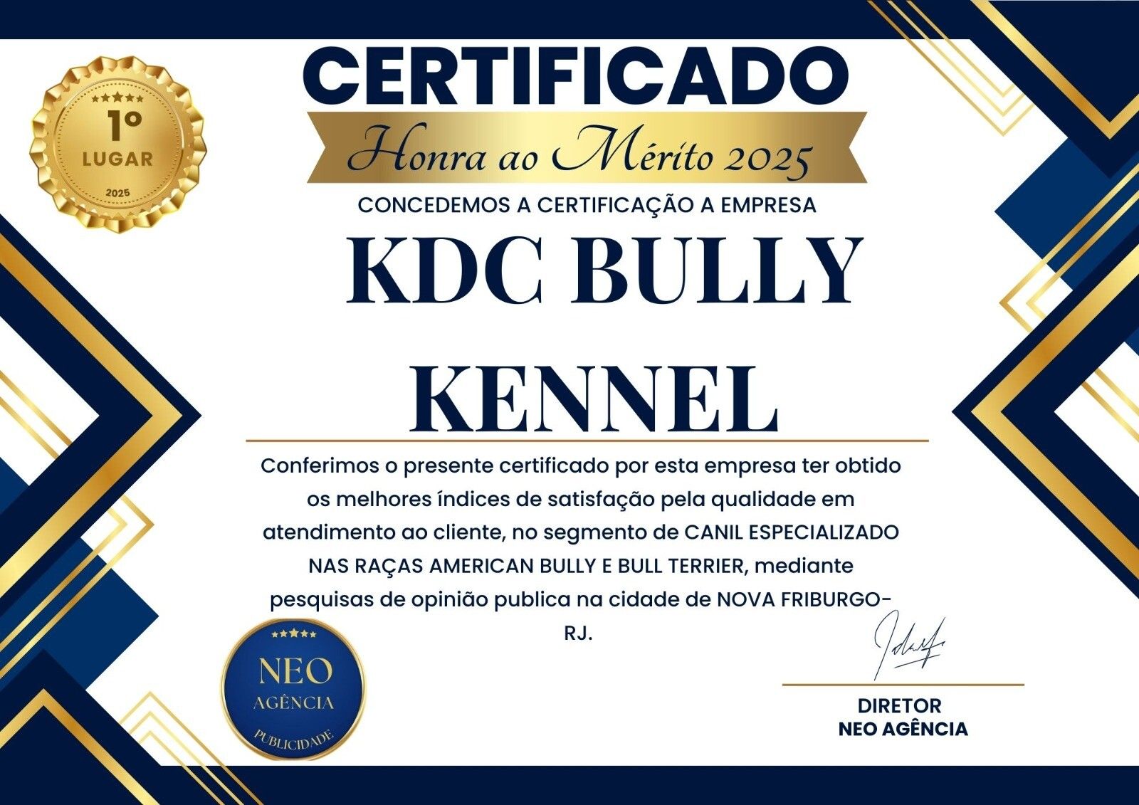 Certificado Honra ao Mérito 2025 concedido ao KDC Bully Kennel