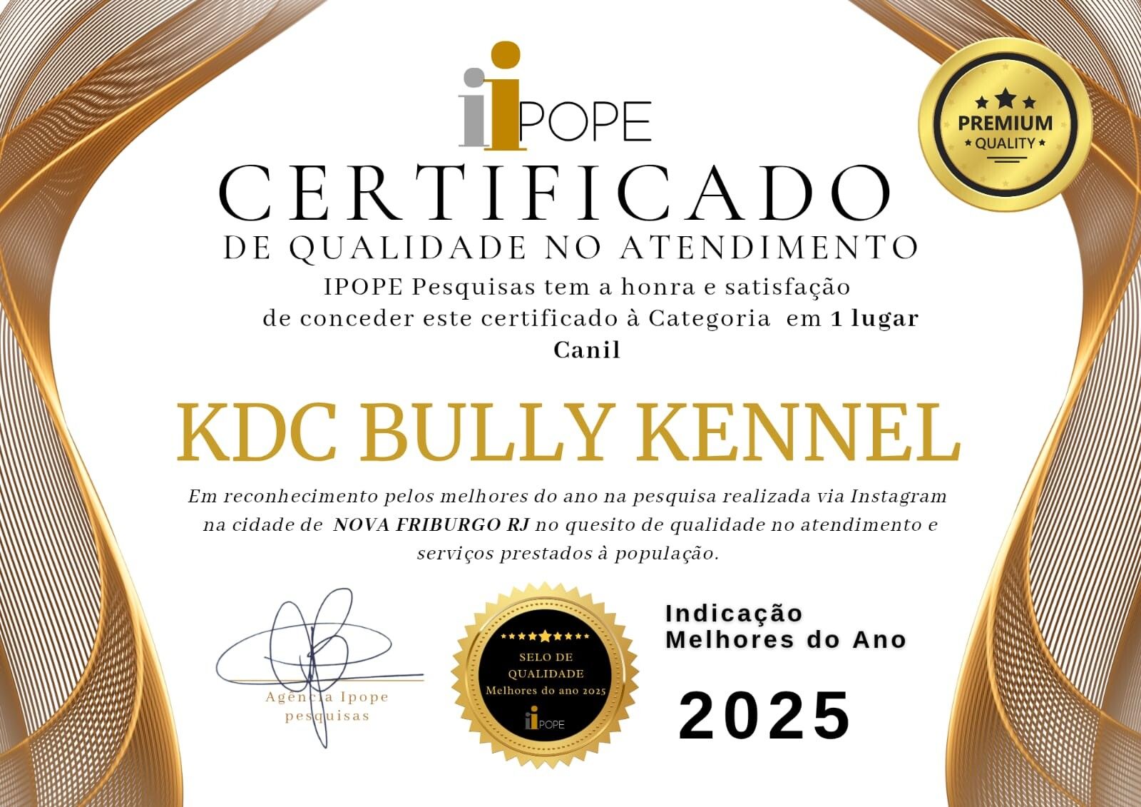 Certificado IPOPE Pesquisas 2025, 1º lugar na categoria Canil