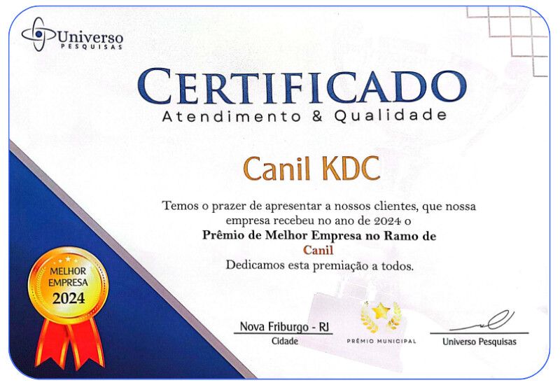 Certificado Universo Pesquisas 2024, melhor empresa no ramo de canil